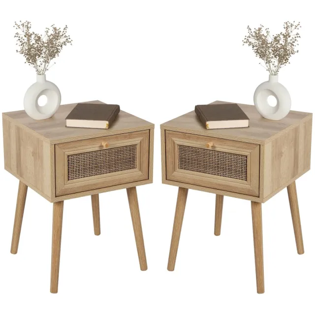 Urban Living Nachtkastje Bali - 2x - Ibiza stijl - hout - met lade - 39 x 39 x 57 cm Naturel