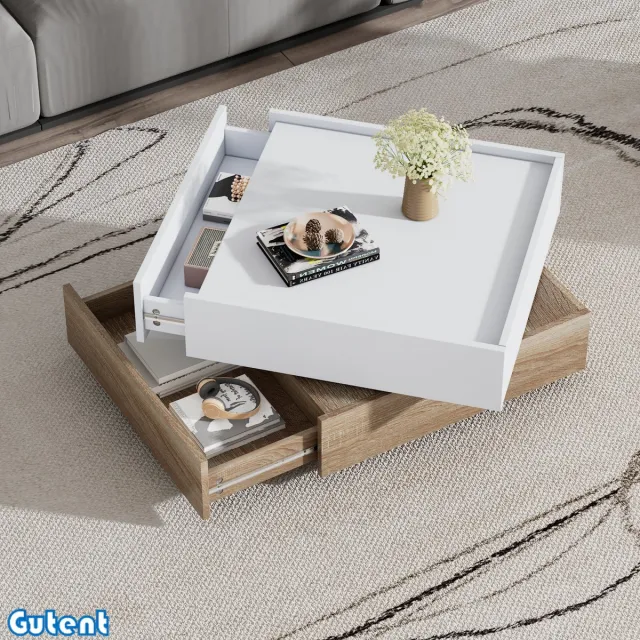 Gutent Salontafel - 360° Draaibaar - 2 Planken - Notenhouten Frame - Wit + Notenhout - 60*60*38cm
