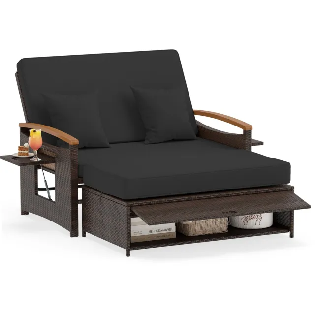 Costway 3 in 1 Rotan Loungemeubelset, Dubbele Daybed Tuinbank, Bank 2 Zits met Hocker, Slaapfunctie, Verstelbare Rugleuning & Opbergruimte, Tuinmeubelen voor Tuin Zwembadterras (zwart)
