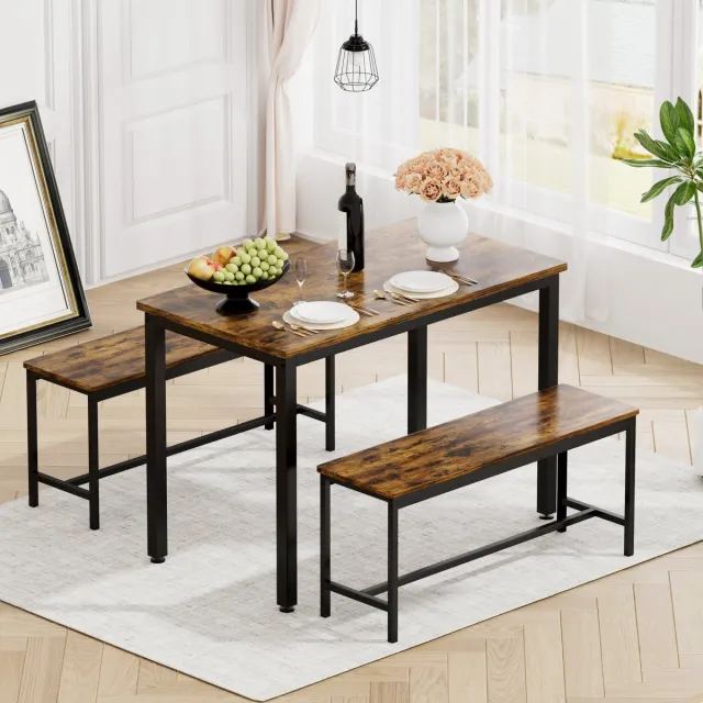 OKWISH Eettafelset Met 2 Banken - Ruimtebesparend Voor Keuken En Woonkamer - Staal En Spaanplaat Rustiek Bruin Zwart - 110×60×75 Cm