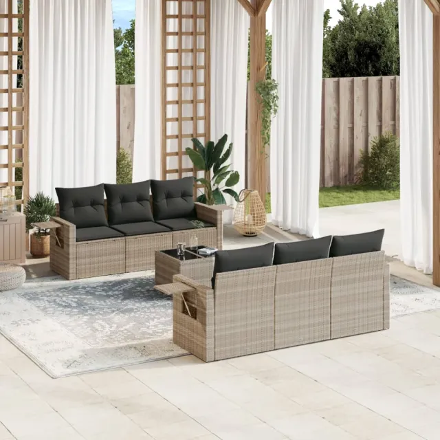vidaXL 7-delige Loungeset met kussens poly rattan lichtgrijs grijs, foto 2