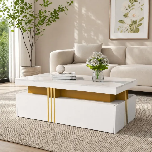 MEUNIQ Rechthoekige salontafel 100 x 50 x 40 cm met hoogglans marmereffect blad, 2 lades en gouden metalen accenten voor woonkamer, wit
