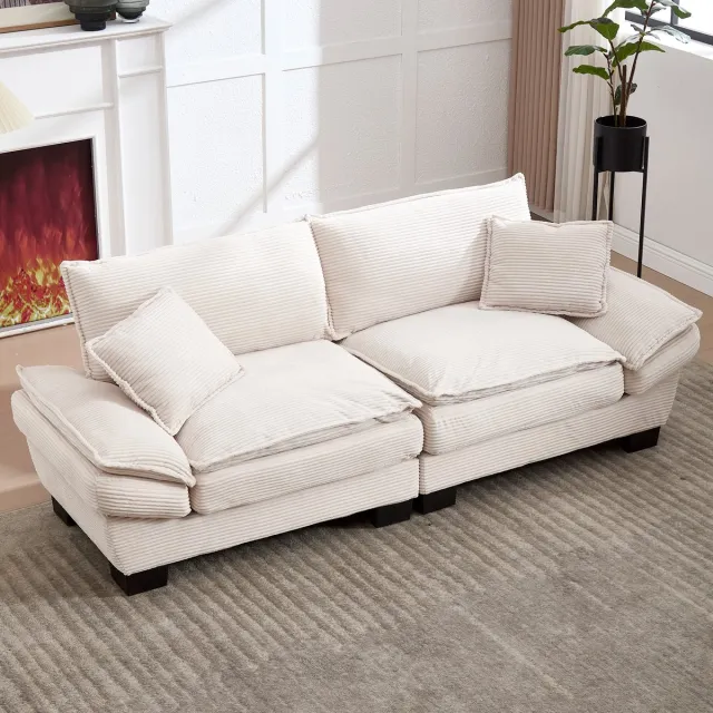 Wishdor 3-Zits Loungebank XXL - Ribstof (Corduroy) Plofbank - Inclusief Sierkussens - Beige - 224 cm