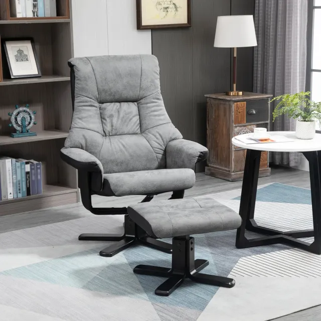 HAUSS SPOLE Relaxfauteuil met Hocker - 360° Draaibaar en Handmatig Verstelbare Rugleuning - Voor Woonkamer en Ontspanning - Microvezel - Grijs