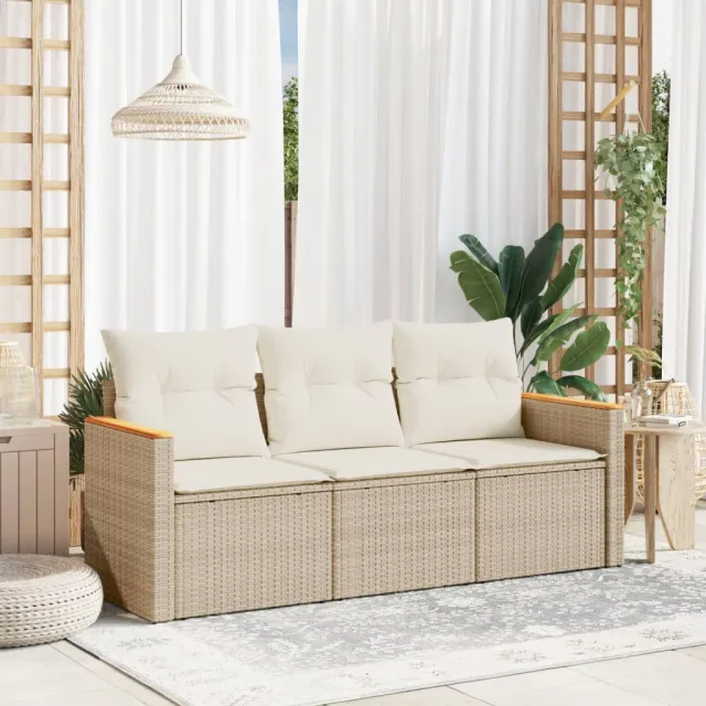 vidaXL 3-delige Loungeset met kussens poly rattan beige, foto 2
