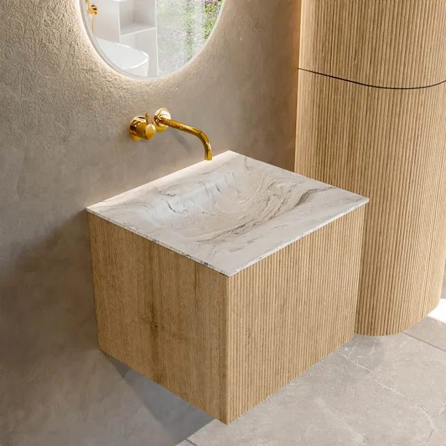 Mondiaz KURVE-DLUX 50 cm Onderkast Greeploos 1 Lade Zonder Deuren Oak, Wastafel Solid Surface Midden Glace 0 Kraangaten Zonder Spiegel (KRVGRU501L0D0KM-Oak/Gla)