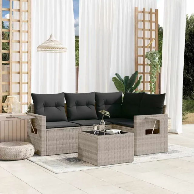 vidaXL 5-delige Loungeset met kussens poly rattan lichtgrijs grijs, foto 2