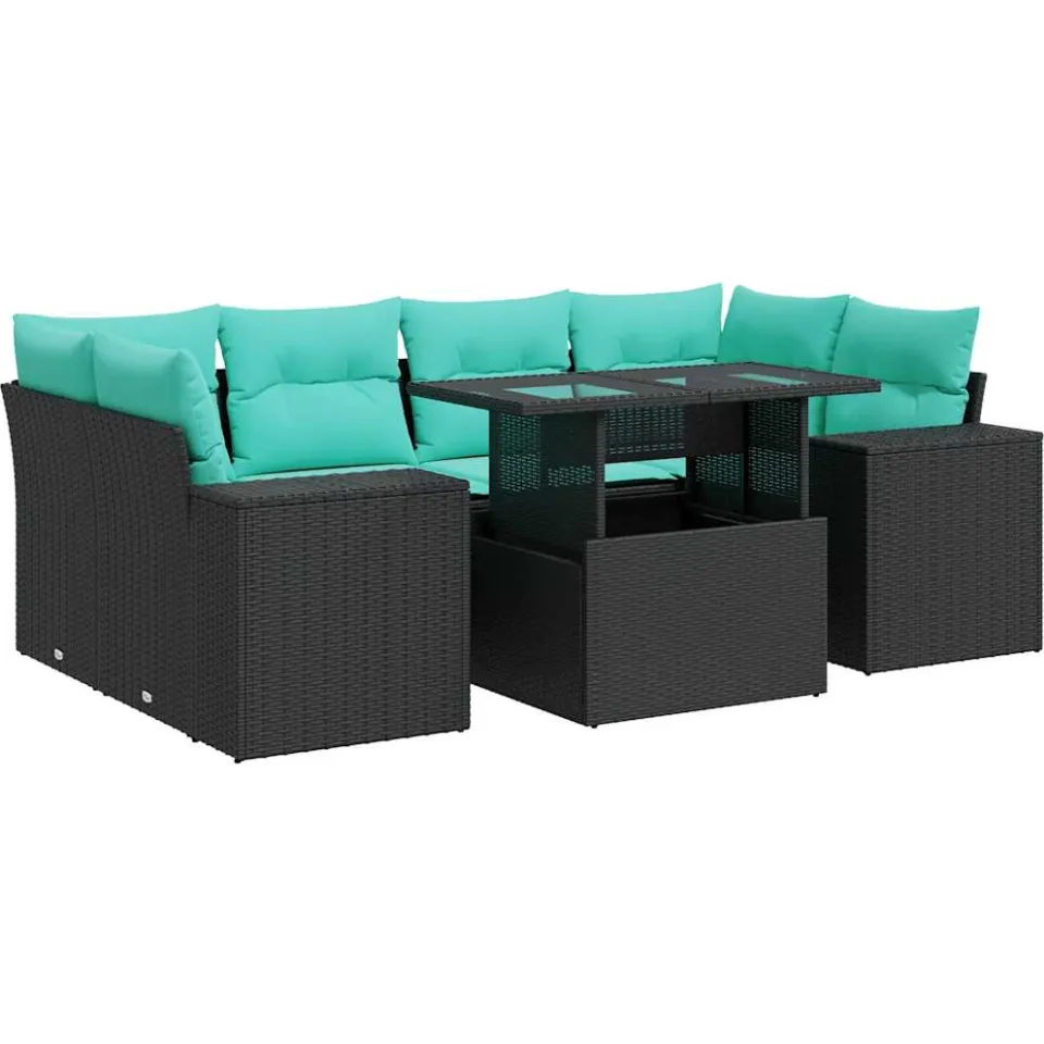 vidaXL 7-delige Loungeset met kussens poly rattan acacia zwart, foto 3