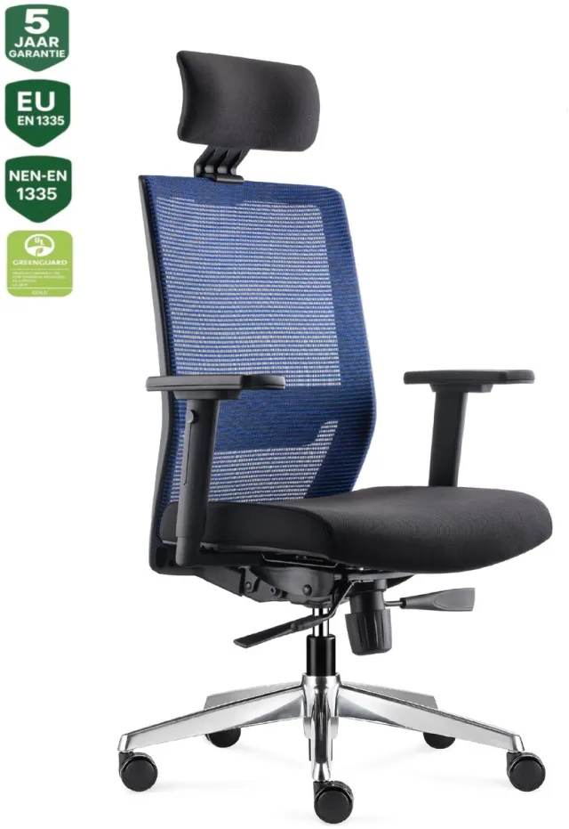 Bens 850H-Ergo-3 Blauw - Ergonomische Bureaustoel - Bureaustoelen voor volwassenen - Kantoorstoel - Incl. Hoofdsteun - Gepolijst aluminium voetenkruis - GREENGUARD GOLD - NEN-EN1335 & ARBO normen Blauw/Aluminium incl. hoofdsteun