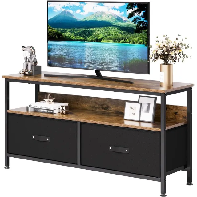 HOERFURIY Compact TV-Meubel met 2 Lades en Open Schap - Geschikt voor 32 tot 55 Inch TV's - Industrieel Dressoir - Woonkamer & Slaapkamer - bruin