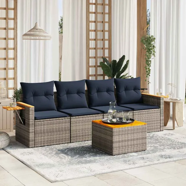 vidaXL 5-delige Loungeset met kussens poly rattan grijs, foto 2