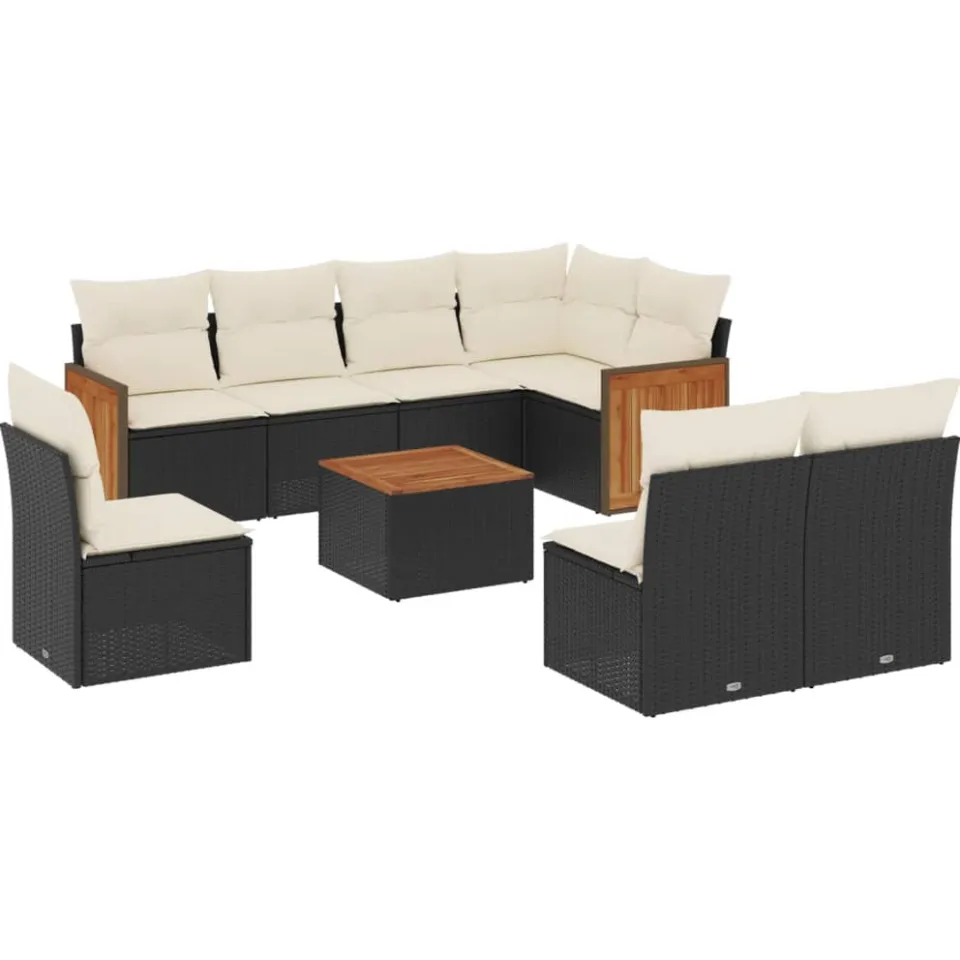 vidaXL 9-delige Loungeset met kussens poly rattan zwart