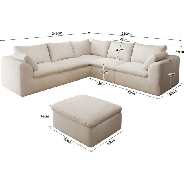 MODENUIT Hoekbank 245 x 245 x 83 cm - 6 Zitplaatsen - Compressieverpakt - Woonkamer - Linnen - Beige Wit