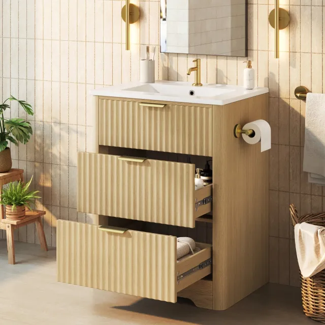 MODENUIT Badkamerkast - 2 Laden En Toilettenpapierhouder - Voor Badkamer - MDF En Keramiek - 61 Cm - Natuurlijk Hout Natural Wood