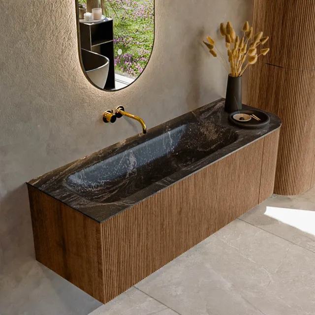 Mondiaz KURVE-DLUX 135 cm Onderkast Greeploos 1 Lade Met Deuren Walnut, Wastafel Solid Surface Links Lava 0 Kraangaten Zonder Spiegel (KRVBGM135R1L1D0KL-Wal/Lav)