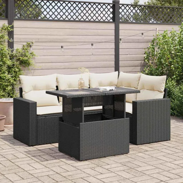 vidaXL 5-delige Loungeset met kussens poly rattan zwart, foto 2