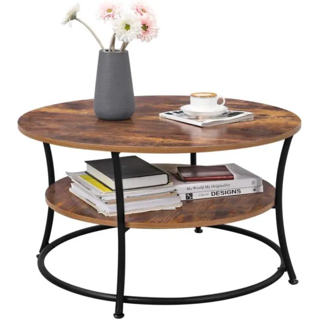MAZAZU MIRA Home Salontafel Rond - Vintage Bijzettafel Hout en Metaal - Bruin/Zwart - 80x45 cm