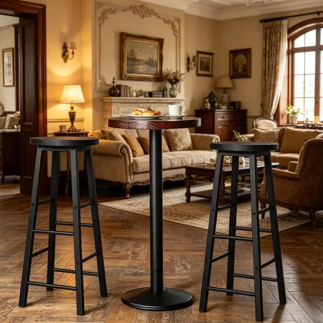 Clruro Bistro Barkruk Set van 2 - Ø30 x 71 cm - met Voetsteun - Industrieel - MDF en Metaal Zwart