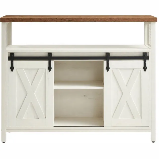 Klarven Dressoir Wit-Bruin - Dressoirkast - Dressoir met Schuifdeuren - Sideboard - Schuifdeuren, Verstelbare Planken - Opbergkast voor Keuken - 100x33x80 cm