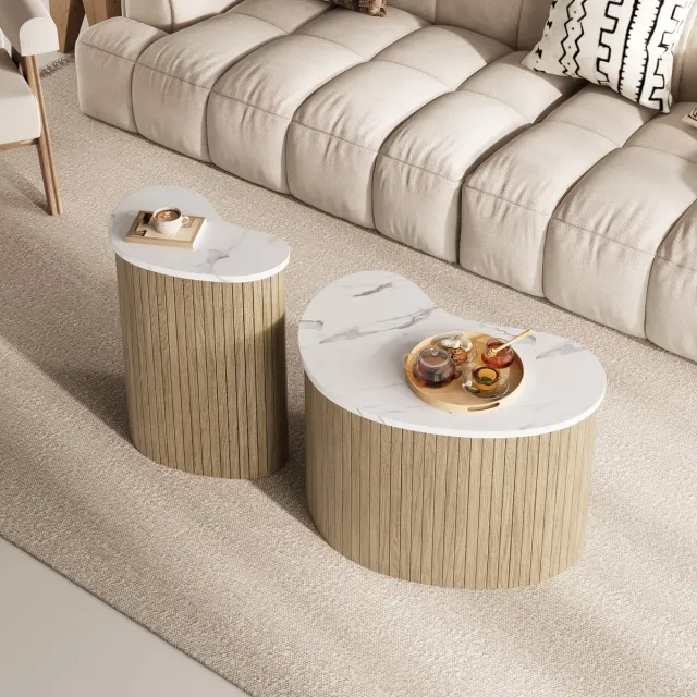 OKWISH Salontafel Set Van 2 - Gebogen Design - Voor Woonkamer Slaapkamer Kantoor - 60x37x38 En 40x25x50 cm - MDF - Naturel+Wit Natuurlijk