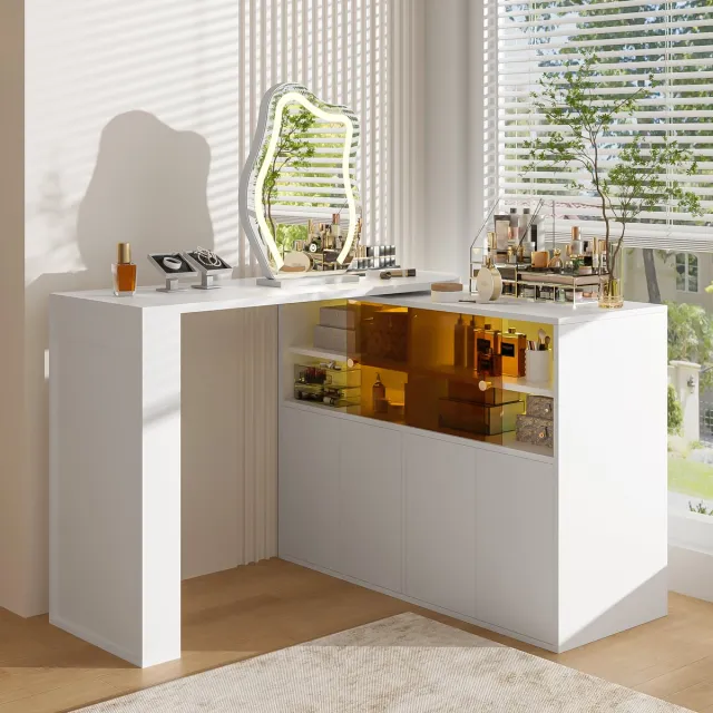 Zubaliya Kaptafel met LED-spiegel en draaibare opstelling - wit - 177 x 40 x 131,5 cm