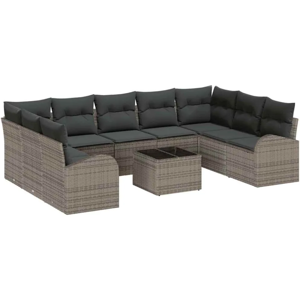vidaXL Bankstel 10 st 9-zits Grijs poly rattan
