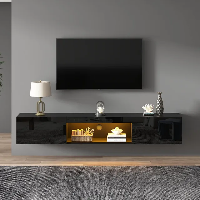 KOMHTOM Glanzende hangende tv-meubel 160*31*22 cm, tv-meubel en tv-meubel met ledverlichting, laag tv-meubel, tv-tafel, tv-meubel, tv-commode, tv-wandhouder, voor 70 inch tv's, draagvermogen 35 kg, zwart
