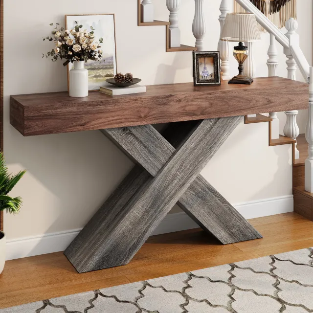 MEUNIQ Sidetable 140 x 30 x 80 cm, smalle consoletafel met X-vormige steun, houtlook en open onderstel voor hal of woonkamer, walnoot Walnootkleur