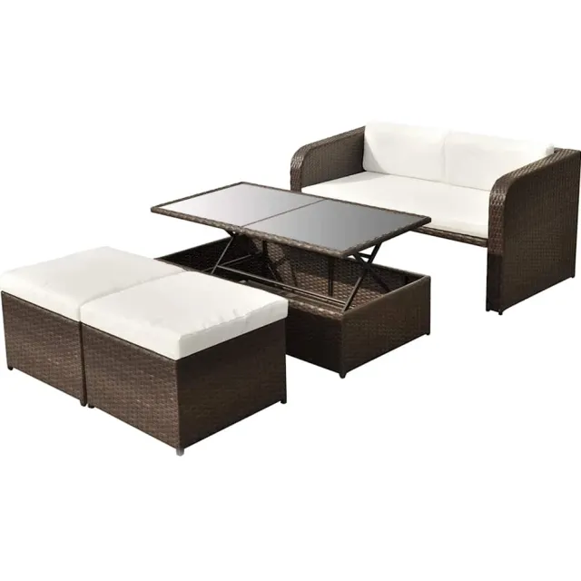 vidaXL 4-delige Loungeset met kussens poly rattan bruin