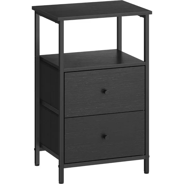 FurnStar Nachtkastje - bijzettafel met 2 stoffen laden - salontafel met planken - 61 cm hoog - voor woonkamer - slaapkamer - aszwart-inktzwart-matzwart