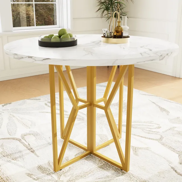 MODFU Ronde Eettafel 80x80x76 cm – MDF marmereffect, gouden poten, verstelbaar, stijlvol voor woon- & eetkamer