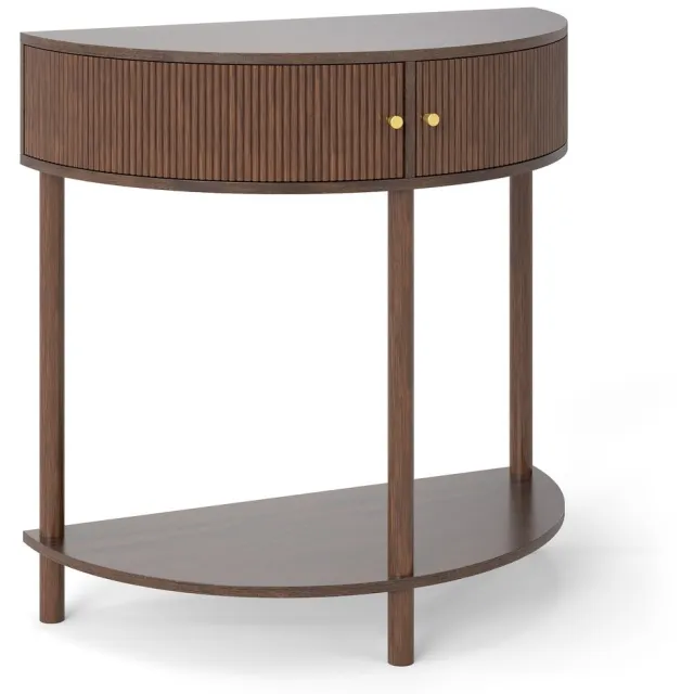 SONNENH Halfronde sidetable - 2 deuren met golfreliëf en onderplank - 80 x 40 x 82 cm Walnootbruin houtlook