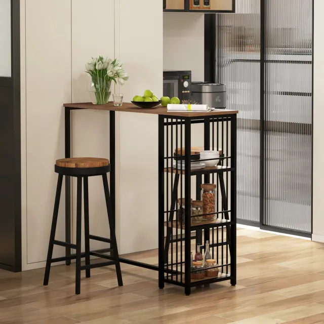 MEUNIQ Bartafel 120 x 40 x 105 cm met 3 opbergplanken, statafel in houtlook met zwart stalen frame voor keuken, eetkamer of werkruimte, bruin