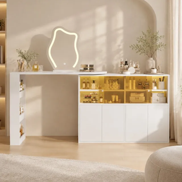 HAUSS SPOLE Kaptafel - Draaibaar Met Dimbare Spiegelverlichting - Voor Slaapkamer En Werkplek - Wit Spaanplaat - 177 x 40 x 131,5 cm