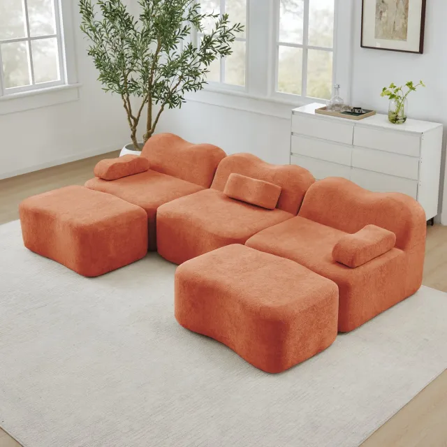 DESMIU U-Bank 288 x 167 cm - Modulaire 3-Zits Met 2 Ottomans En 32D Schuim - Voor Woonkamer En Appartement - Velvet Oranje