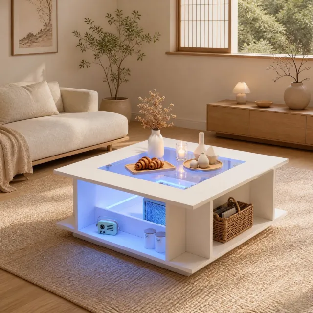 Maisentiel Salontafel 70 x 70 x 30 cm met hoogglans, glasplaat en LED - spaanplaat, wit
