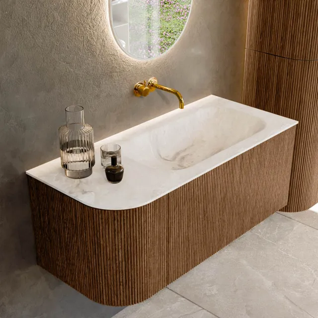 Mondiaz KURVE-DLUX 105 cm Onderkast Greeploos 1 Lade Met Deuren Walnut, Wastafel Solid Surface Rechts Frappe 0 Kraangaten Zonder Spiegel (KRVBGS105L1L1D0KR-Wal/Fra)