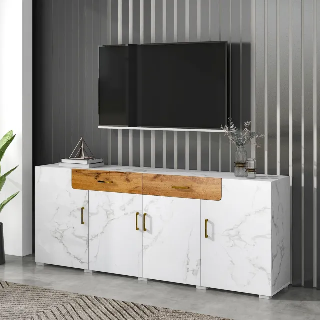 MIVRAY Dressoir - Veel Opbergruimte Met 4 Deuren En 2 Laden - Voor Woonkamer En Keuken - Wit Gemarmerd - 208x39,5x80 Cm