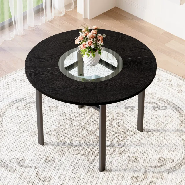 CHICFURN Eettafel - 2-4 personen - glazen inleg - metalen onderstel - zwart