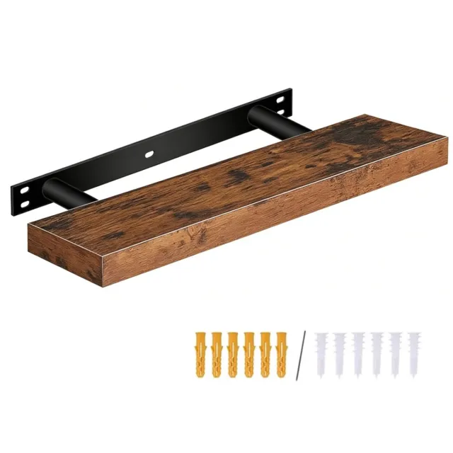 Hüsq zwevende Wandplank – 60 cm lang – inclusief sterk Ophang Frame met Dubbele Buis – Houten Boekenplank 10 kg belastbaar - vintage bruin
