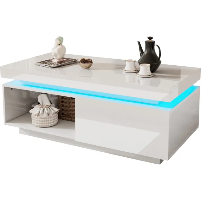 Ropilly Hoogglans Salontafel - Witte Woonkamer Tafel - Met LED Verlichting - Met Lade - 50 kg Draagkracht - Voor Woonkamer - 100x50x40,3 cm - Wit