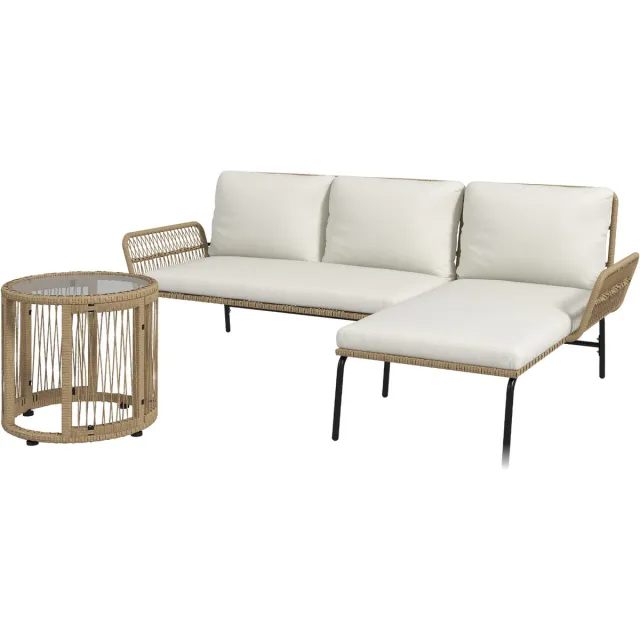 Sunona Tuinmeubelset 3-delig - Loungebank met chaise longue en salontafel - PE-rotan - Weerbestendig - Inclusief kussens - Crèmewit