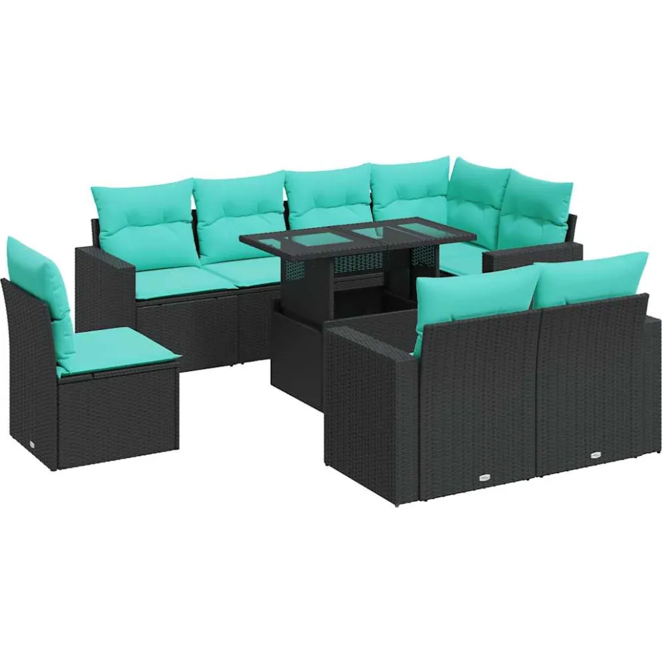 vidaXL 9-delige Loungeset met kussens poly rattan acacia zwart, foto 3