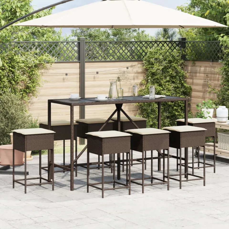 vidaXL 9-delige Tuinbarset met kussens poly rattan bruin, foto 3