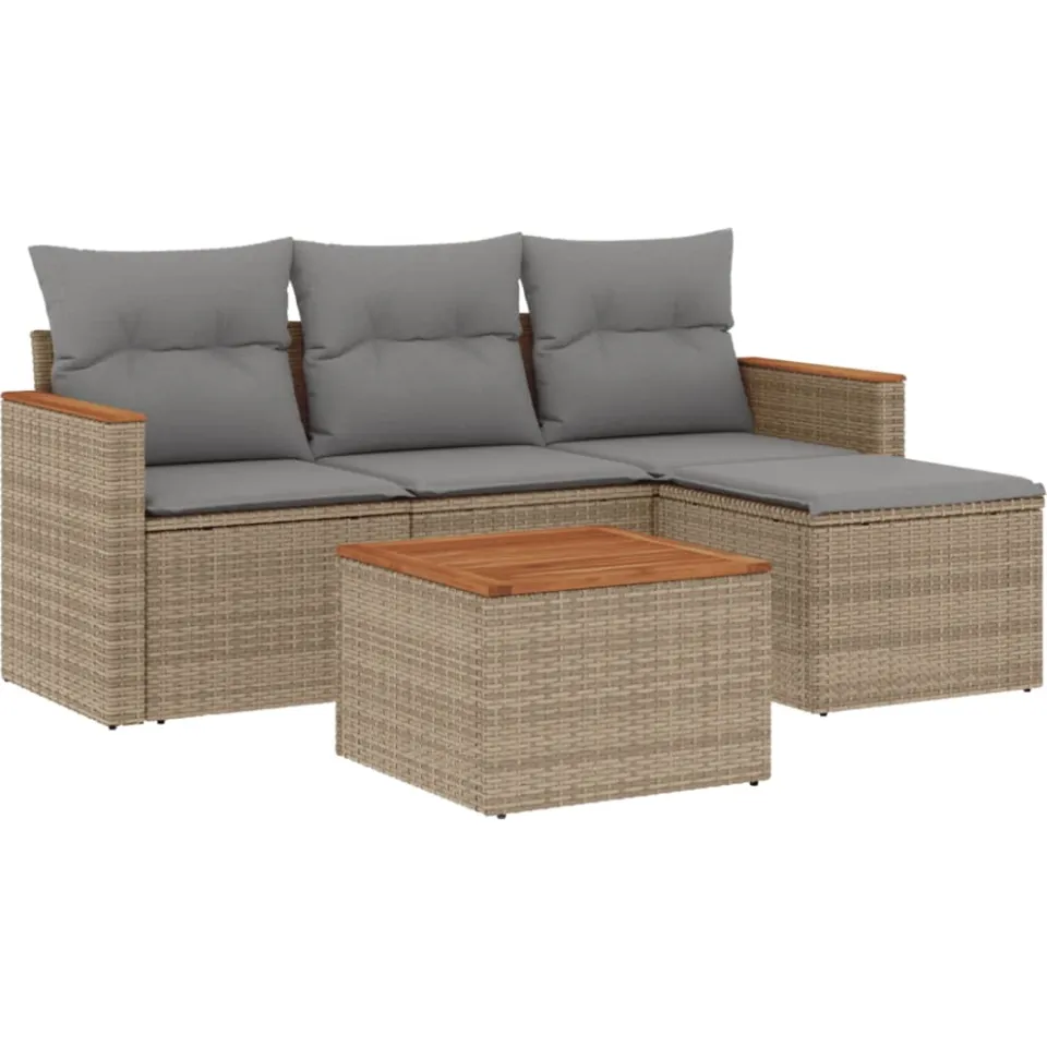 vidaXL 5-delige Loungeset met kussens poly rattan beige, foto 3