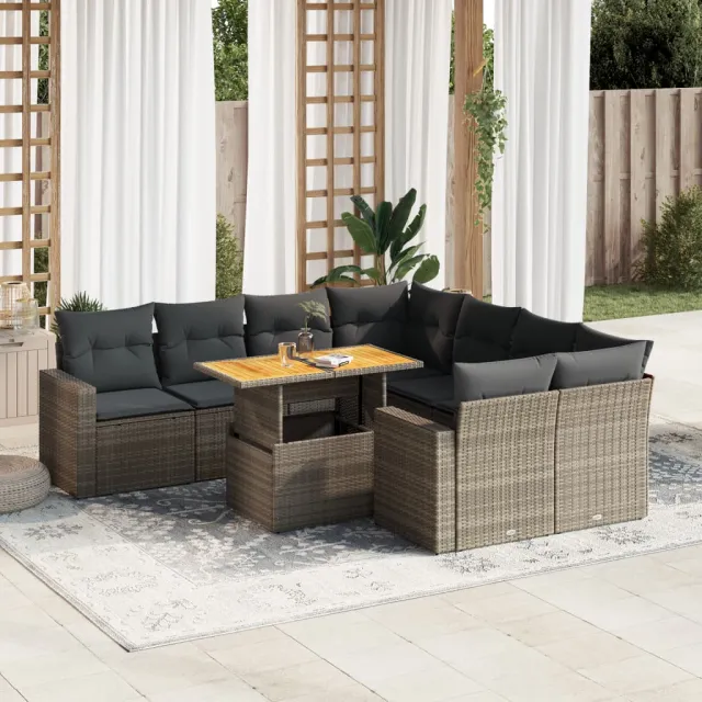 vidaXL 9-delige Loungeset met kussens poly rattan grijs, foto 2