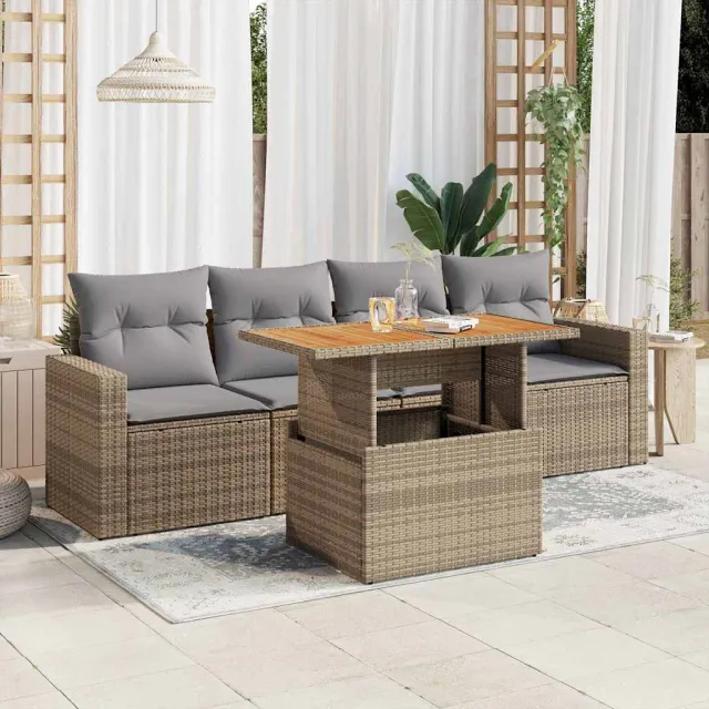 vidaXL 5-delige Loungeset met kussens poly rattan beige, foto 2