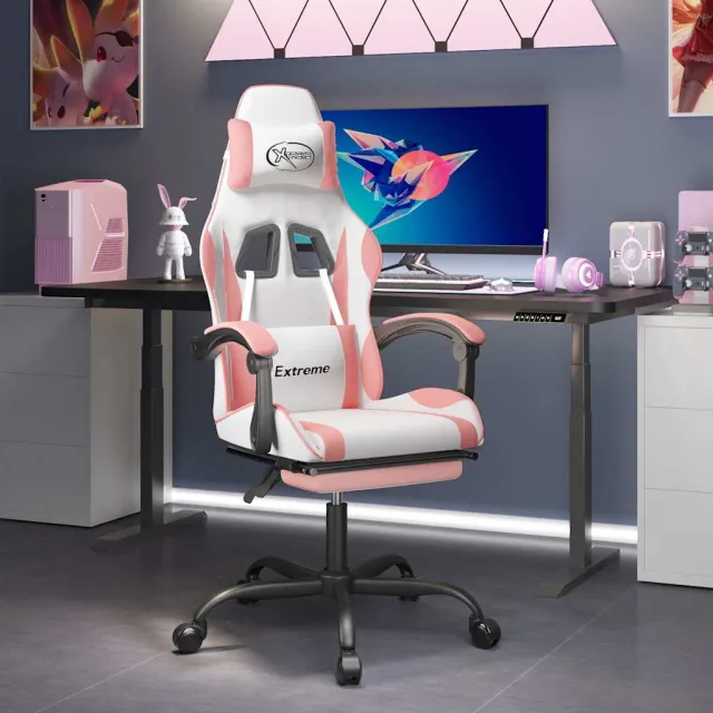vidaXL Gamestoel draaibaar met voetensteun kunstleer wit en roze, foto 2