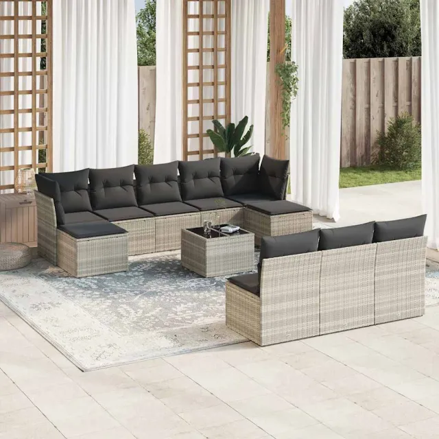 vidaXL 11-delige Loungeset met kussens poly rattan lichtgrijs grijs, foto 2