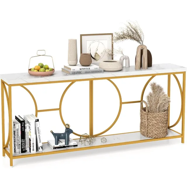 Costway Consoletafel, 180 cm, smal, marmerlook, salontafel met geometrisch metalen frame, bijzettafel goud + wit, voor woonkamer, hal, ingang, modern